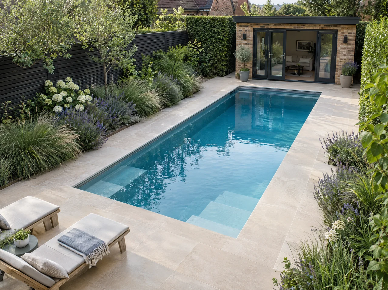 Compact outdoor swimming pool design integrated with a garden terrace