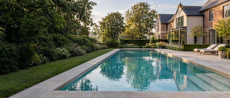 Outdoor swimming pool design with pale stone coping and a garden terrace