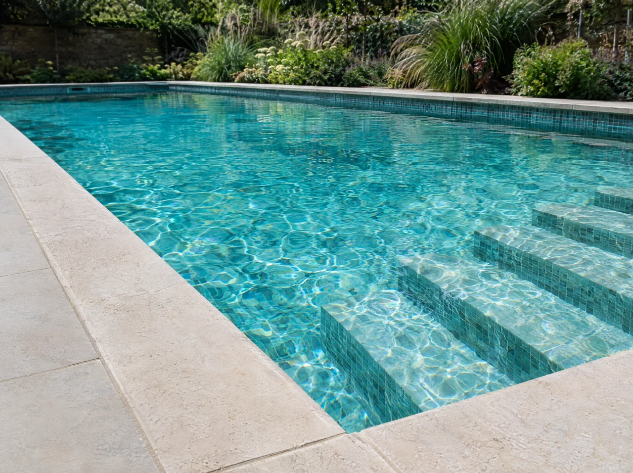 Swimming pool design detail showing stone coping, mosaic lining and broad entry steps