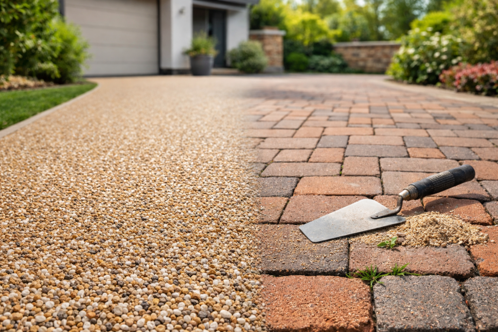Resin bound driveway next to traditional block paving, showing the visual difference between smooth resin surfacing and block paving patterns.