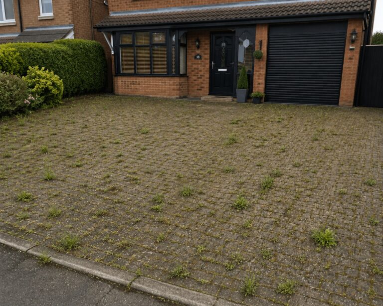 Weed-filled block paving driveway before resin bound driveway upgrade. UK residential home exterior.